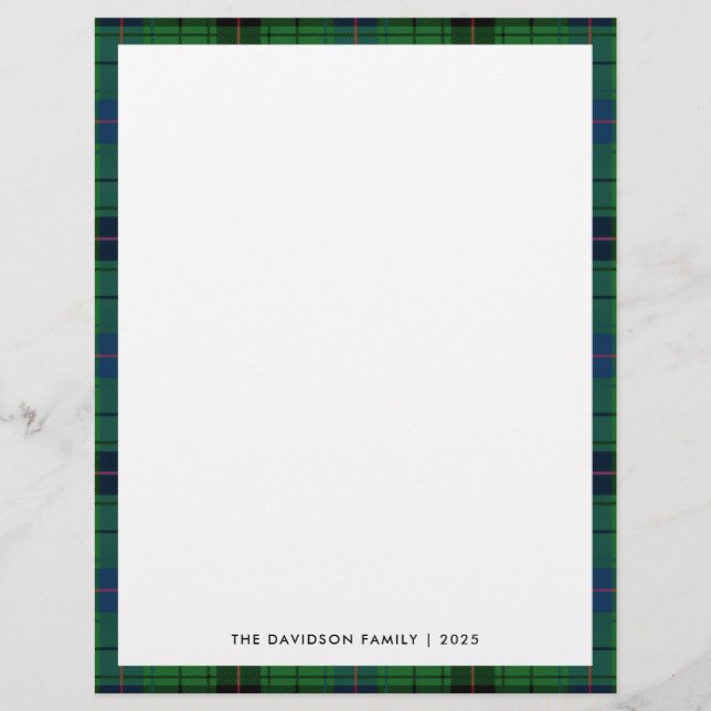 Rustic Plaid Cute Green Tartan Family Holiday Custom Letterhead (Front)