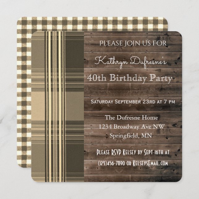 Rustic & Plaid Elegance Birthday Party Invitation (Front/Back)