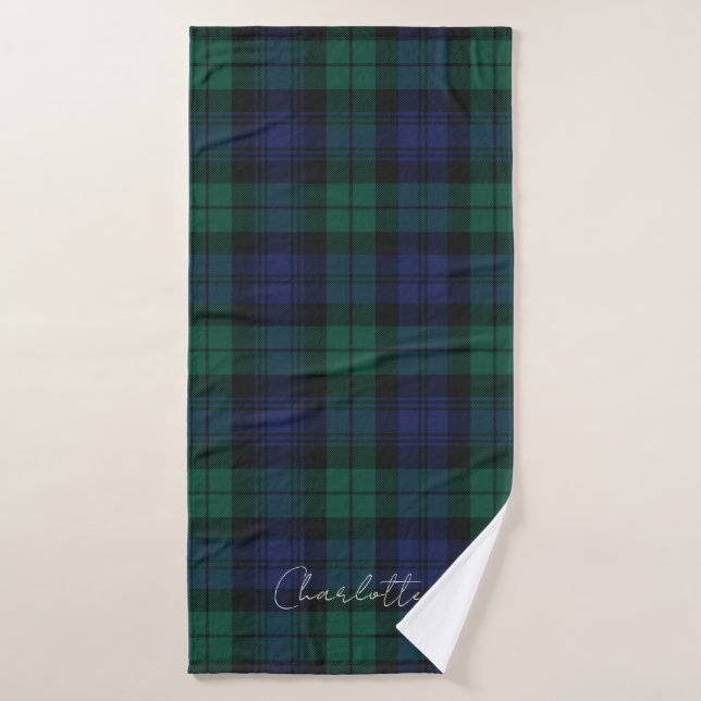 Rustic Plaid Elegant Script Green Tartan Custom Bath Towel (Bath Towel)