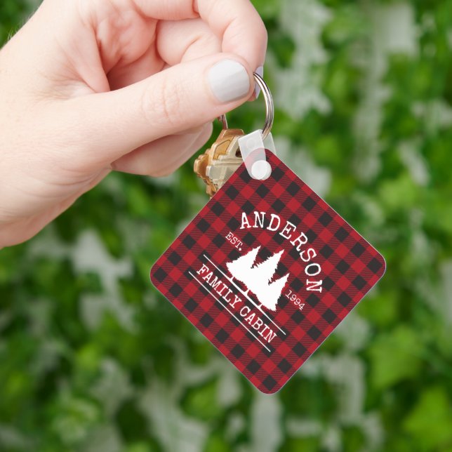 Rustic Plaid Family Name Cabin Square Key Ring (Hand)