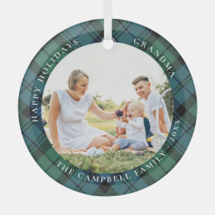 Rustic Plaid Family Photo Grandma Campbell Tartan Glass Tree Decoration