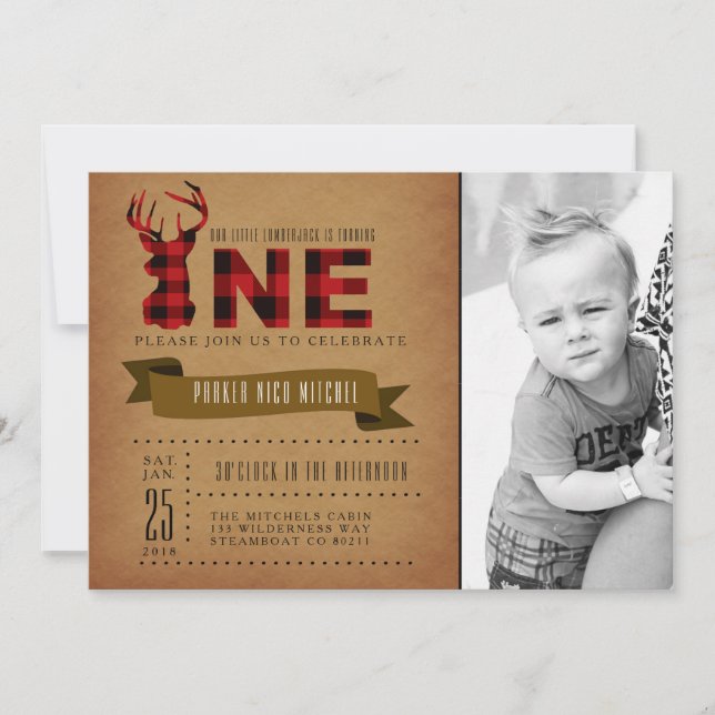 Rustic Plaid First Birthday Party Invite Photo (Front)