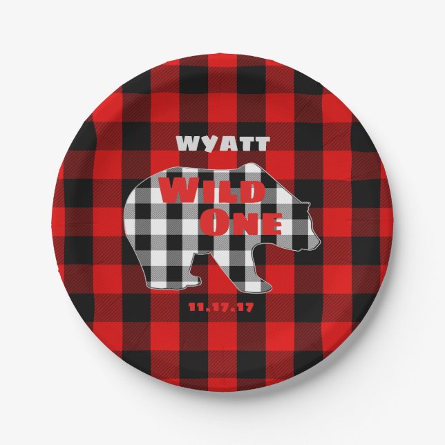 Rustic Plaid First Birthday Party Wild One Bear Paper Plate (Front)