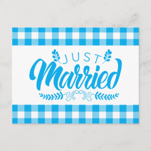 Rustic Plaid Gingham Blue Just Married Country Announcement Postcard