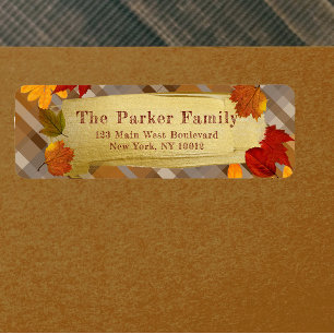 Rustic Plaid Gold Brushstroke Thanksgiving Return Address Label