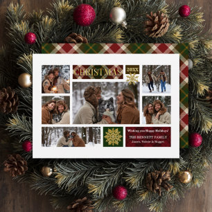 Rustic Plaid & Gold Snowflakes Multi-Photo Holiday Card