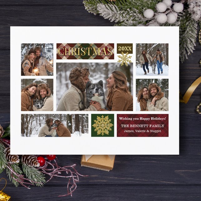 Rustic Plaid & Gold Snowflakes Multi-Photo Holiday Postcard (Creator Uploaded)