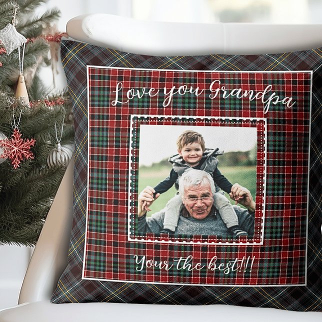 Rustic Plaid Grandpa Photo Gift Cushion (Rustic Plaid Grandpa Photo Gift Throw Pillow)