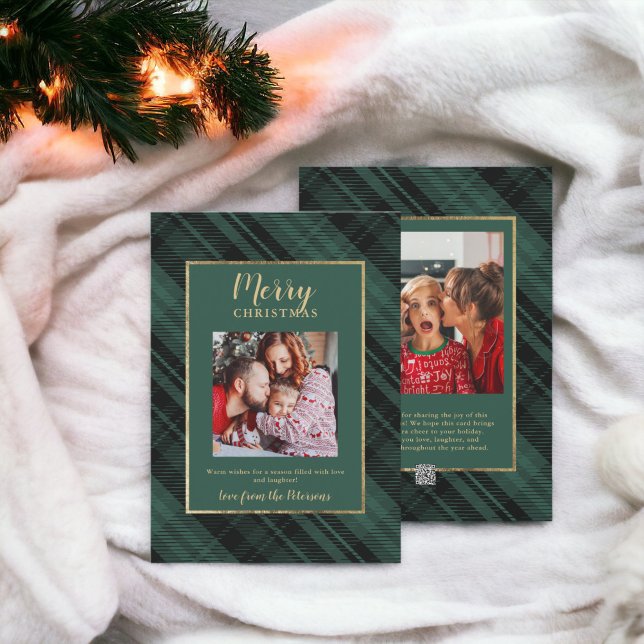 Rustic Plaid Green Gold Merry Christmas 2 Photos Holiday Card (Rustic Plaid Green Gold Merry Christmas 2 Photos Holiday Card)