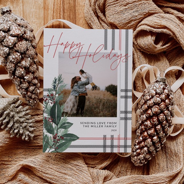 Rustic Plaid Greenery Family Christmas  Holiday Card (Rustic Plaid Greenery Family Photo Christmas Card)