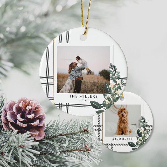 Rustic Plaid Greenery Holiday Double Sided Photo Ceramic Ornament (Rustic Plaid Double Sided Christmas Ornament)