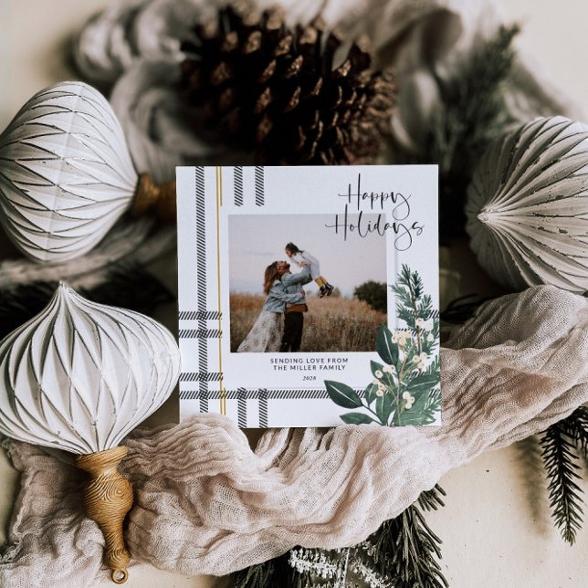 Rustic Plaid Greenery Holiday Photo Card (Plaid Family Photo Holiday Card Rustic Greenery)