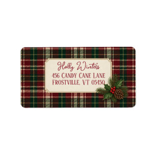 Rustic Plaid Holly & Pinecone Christmas Address Label