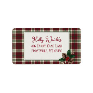 Rustic Plaid Holly & Pinecone Christmas Address Label