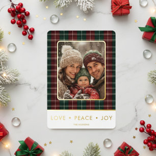 Rustic Plaid Love Peace Joy Photo Christmas Foil Holiday Card