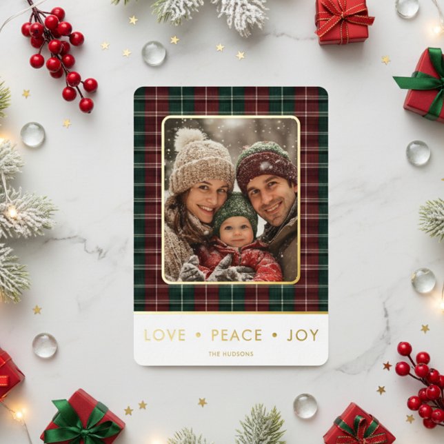 Rustic Plaid Love Peace Joy Photo Christmas Foil Holiday Card (Creator Uploaded)