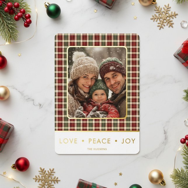 Rustic Plaid Love Peace Joy Photo Christmas Foil Holiday Card (Creator Uploaded)