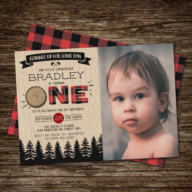 Rustic Plaid Lumberjack Boys 1st Birthday Photo Invitation (Creator Uploaded)