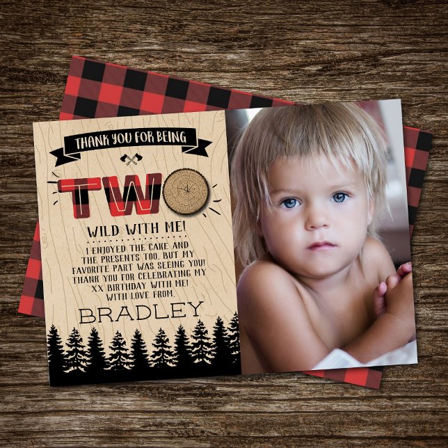 Rustic Plaid Lumberjack Boys 2nd Birthday Photo Thank You Card (Creator Uploaded)