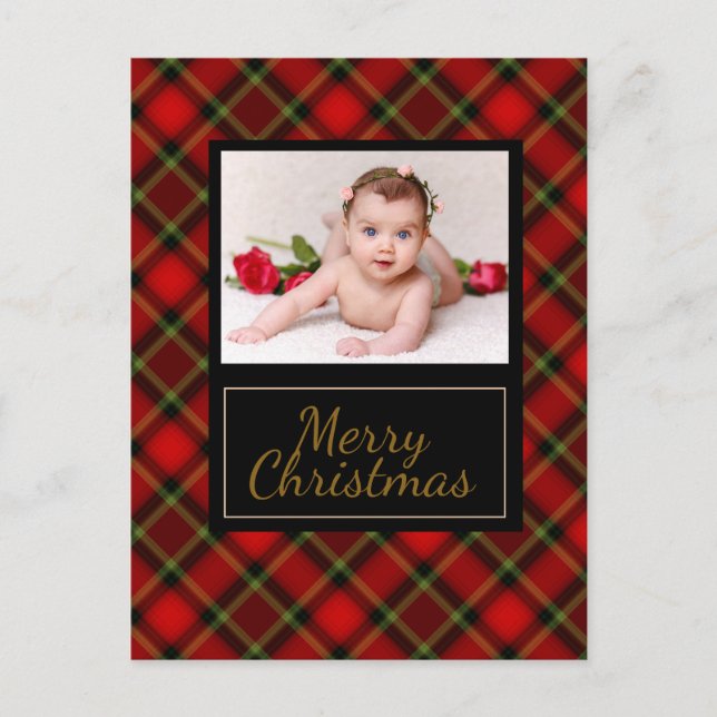 Rustic Plaid Merry Christmas Photo Holiday Postcard (Front)