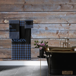 Rustic Plaid Monogram Bear   Black Blue Bath Towel Set