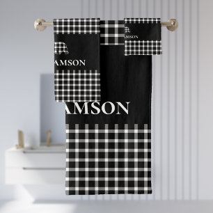 Rustic Plaid Monogram Bear   Black White Bath Towel Set