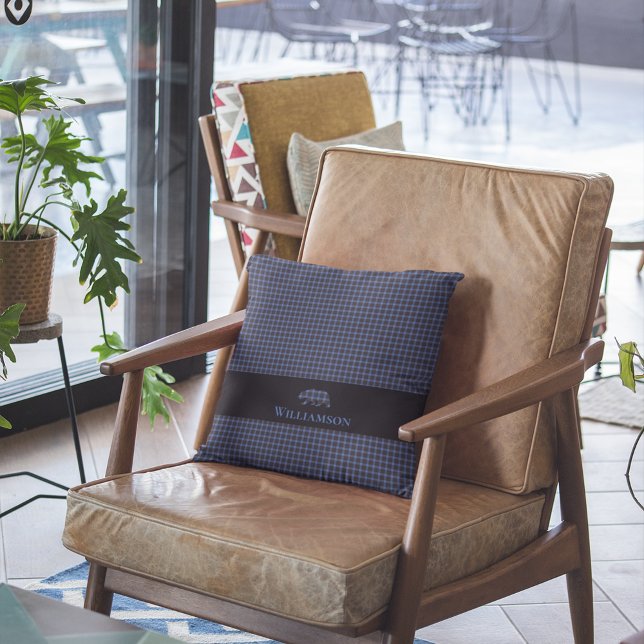 Rustic Plaid Monogram Bear | Blue Black Cushion (Creator Uploaded)