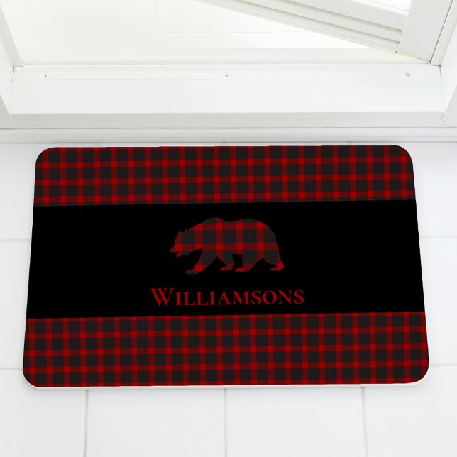 Rustic Plaid Monogram Bear | Buffalo Red Black Bath Mat (Creator Uploaded)