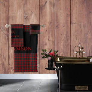 Rustic Plaid Monogram Bear   Buffalo Red Black Bath Towel Set