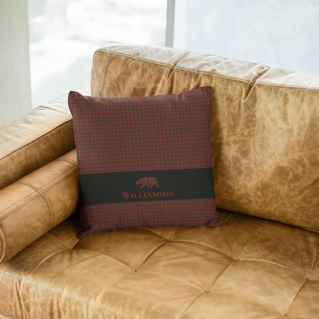 Rustic Plaid Monogram Bear | Buffalo Red Black Cushion (Creator Uploaded)