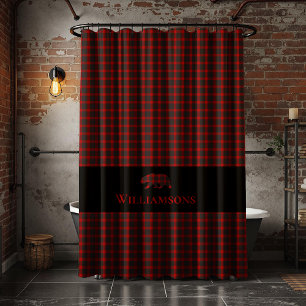 Rustic Plaid Monogram Bear   Buffalo Red Black Shower Curtain