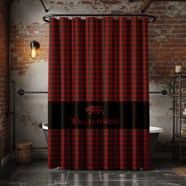 Rustic Plaid Monogram Bear | Buffalo Red Black Shower Curtain (Creator Uploaded)