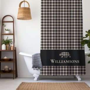 Rustic Plaid Monogram Bear   Cream White Black Shower Curtain