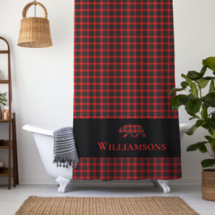 Rustic Plaid Monogram Bear   Lumberjack Red Black Shower Curtain