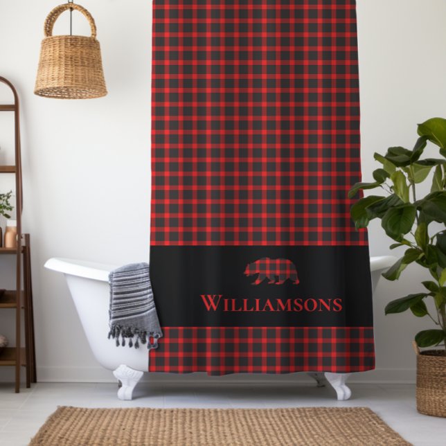 Rustic Plaid Monogram Bear | Lumberjack Red Black Shower Curtain (Creator Uploaded)