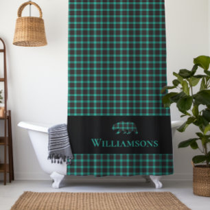 Rustic Plaid Monogram Bear   Teal Green Black Shower Curtain