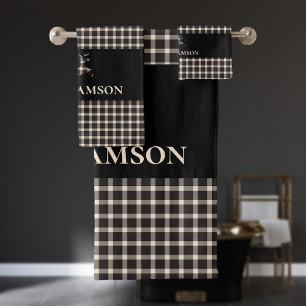 Rustic Plaid Monogram Deer   Black Cream White Bath Towel Set