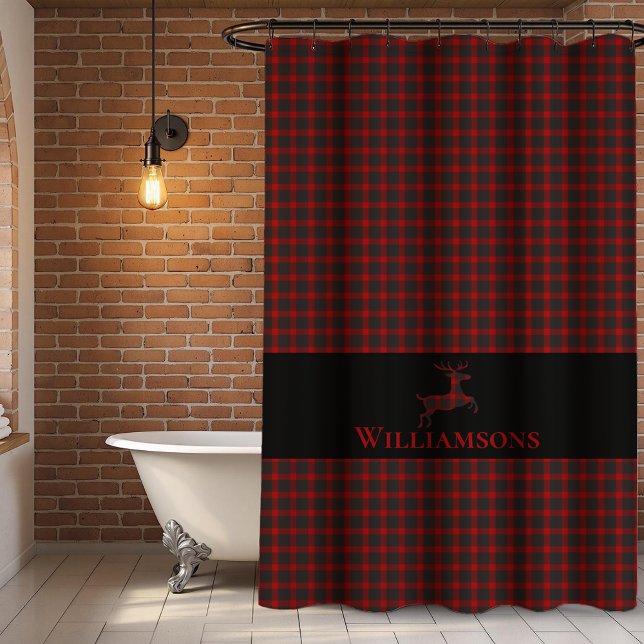 Rustic Plaid Monogram Deer | Buffalo Red Black Shower Curtain (Creator Uploaded)
