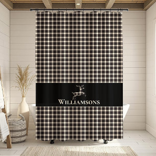 Rustic Plaid Monogram Deer   Cream White Black Shower Curtain