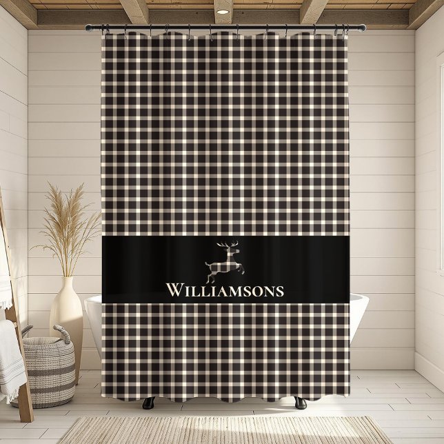 Rustic Plaid Monogram Deer | Cream White Black Shower Curtain (Creator Uploaded)