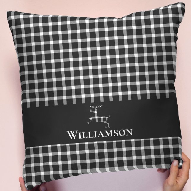 Rustic Plaid Monogram Deer | White Black Cushion (Creator Uploaded)