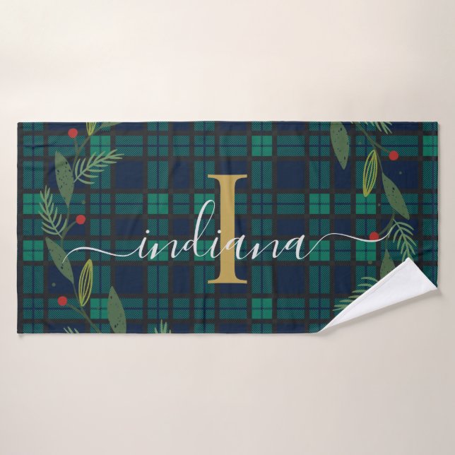 Rustic Plaid Monogram Script Holiday Wreath Tartan Bath Towel (Bath Towel)