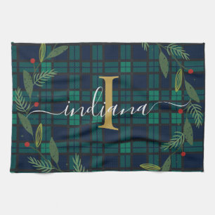 Rustic Plaid Monogram Script Wreath Tartan Tea Towel