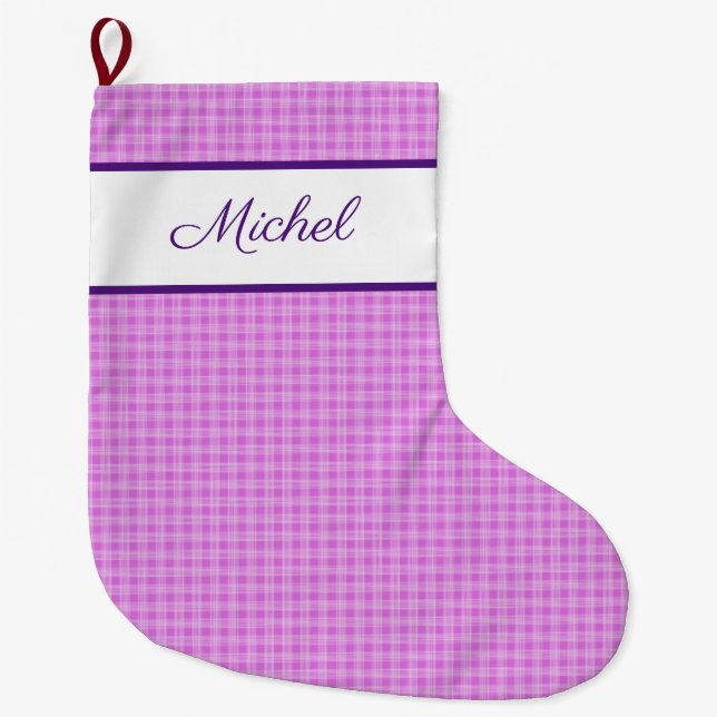 Rustic Plaid pattern lavender custom name Large Christmas Stocking (Front)