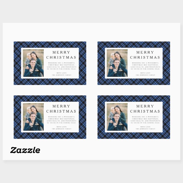 Rustic Plaid Photo Christmas Rectangular Sticker (Sheet)