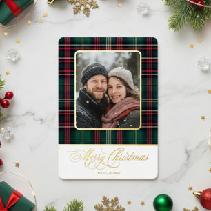 Rustic Plaid Photo Merry Christmas Foil Holiday Card