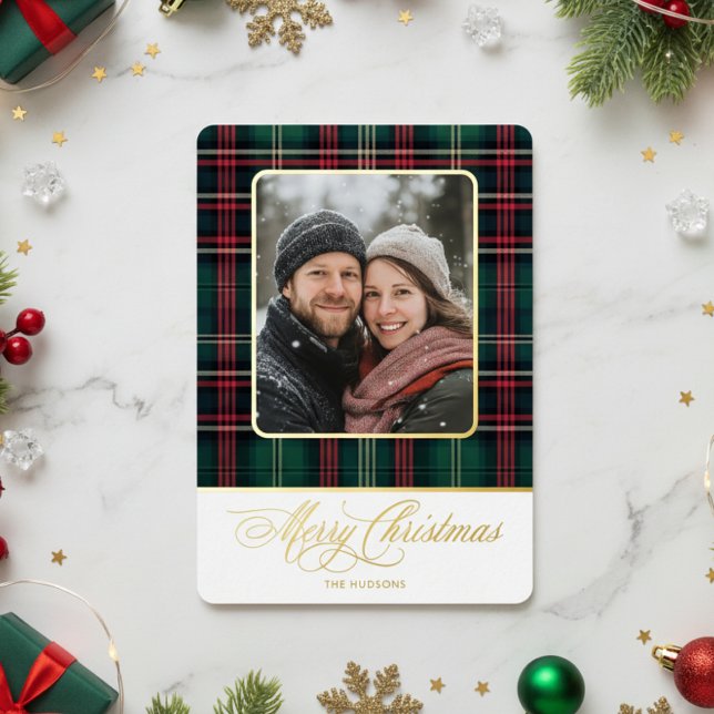 Rustic Plaid Photo Merry Christmas Foil Holiday Card (Creator Uploaded)