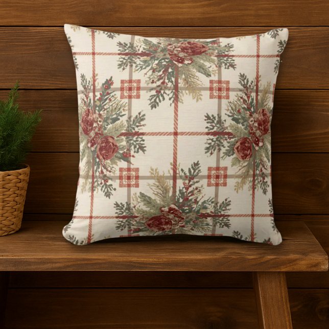 Rustic Plaid Pinecone Pattern Cushion (vintage rustic holiday throw pillow)