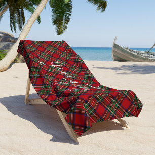 Rustic Plaid Red Green Stewart Tartan Beach Towel
