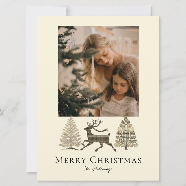 Rustic Plaid Reindeer Trees Holiday Card (Front)